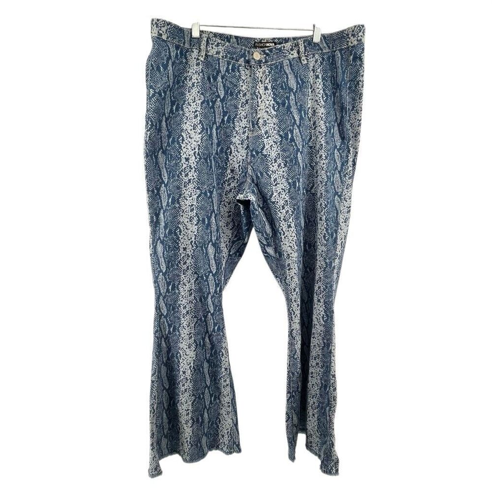Fashion Nova Valentina High Rise Snake Print Flare Jeans Blue Wash Size 20 - Picture 2 of 16